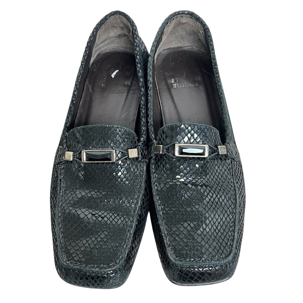 Stuart Weitzman Leather Snakeskin Square Toe Loafers Onyx Silver Buckle 7.5 M